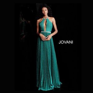 Jovani Green Shimmer Halter Neck Dress
